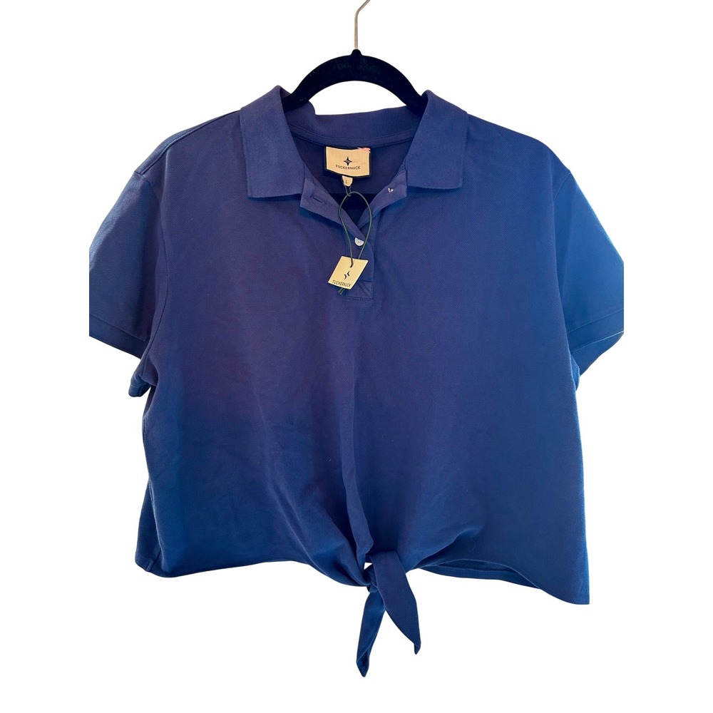 Tuckernuck Womens Navy Blue Tie Front Polo Shirt Short Sleeve Pique Knit Top NWT